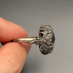 Vintage Art Deco Faceted Black Sterling Silver Marcasite Ring Size 8.25