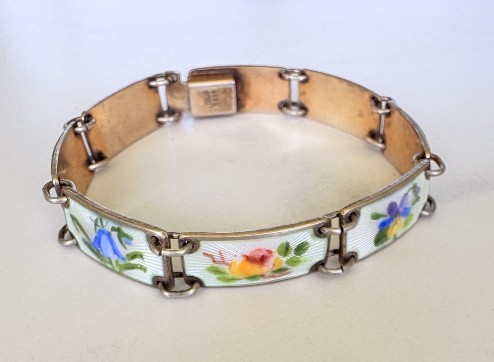 Vintage OPRO 925S Sterling 1970’s Enamel Guilloche Flower Bracelet 7-1/4″ Norway