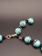 Vintage Chinese Turquoise Bead Necklace Black Spacers Gold Tone Clasp 16-18″