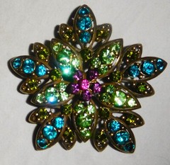Exquisite Vintage Blue, Green & Fuschia Crystal Gold-Tone Sunburst Brooch/Pin