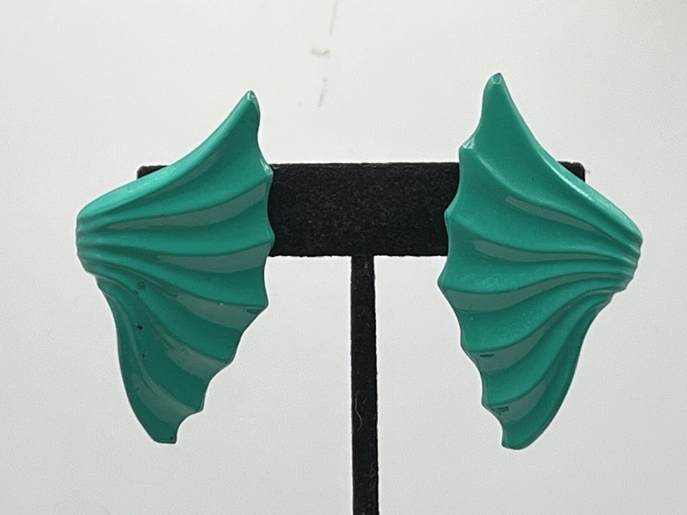 Lg Vintage Teal Fan Shaped Statement Earrings For Pierced Ears 1970-1990 Style
