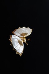Women’s Vintage Butterfly / Moth Carved Mother Of Pearl Shell Gold Tone Brooch