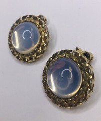 Vintage Moonstone Clip Earrings Gold Tone Metal Round Shape Hugs Lobe No Pinch
