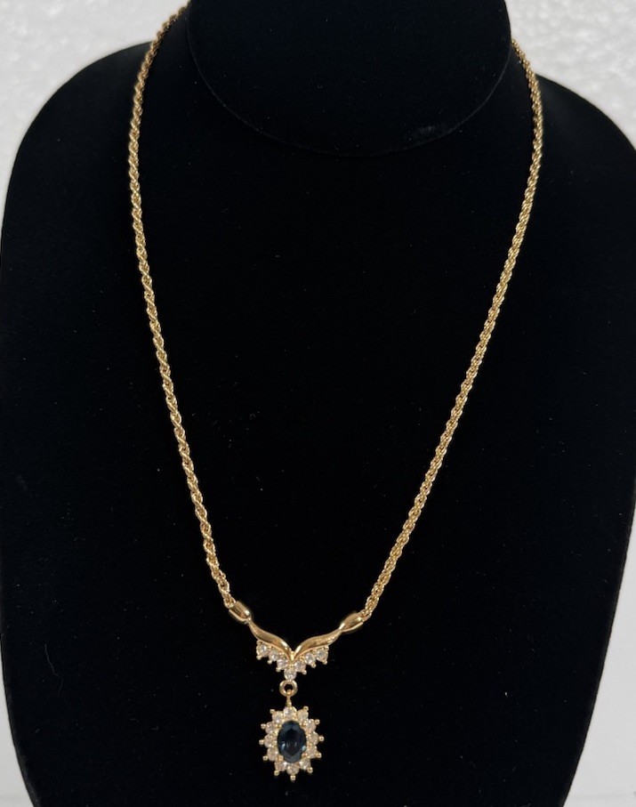 Roman Gold Tone Fancy Blue White Rhinestone Pendant 17.5” Necklace VTG