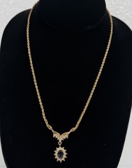 Roman Gold Tone Fancy Blue White Rhinestone Pendant 17.5” Necklace VTG