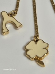 Vintage Monet Lariat Necklace Gold Tone Cream Enamel Good Luck Charms Heart