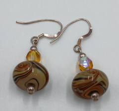925 Lampwork Glass Bead Earrings 1.25in Sterling Silver 5gtw Brown Cream Swirl