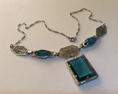 Antique Vintage Art Deco Deep Teal Faceted Glass Ornate Filigree Necklace