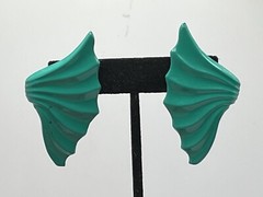 Lg Vintage Teal Fan Shaped Statement Earrings For Pierced Ears 1970-1990 Style