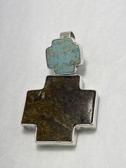 Large Pendant Square Double Cross Howlite & Bronzite Blue Brown 2 3/4″