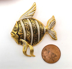 Vintage Damascine Black & Gold/Silver Large Angel Fish Brooch-Spain