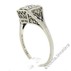 Antique Art Deco Belais 18K Gold Old European Diamond Squared Filigree Work Ring