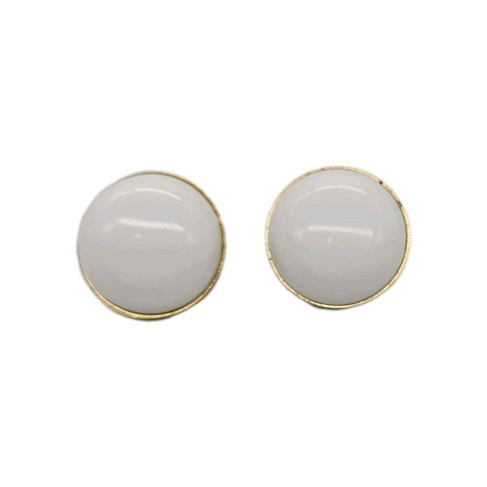 Monet White Clip-on Earrings Gold Tone Round Button Art Deco Vintage .75 in