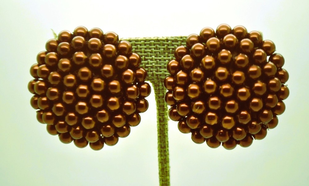 vintage dome round shape brown Faux Pearl Bead Button Clip On handmade Earrings