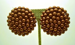 vintage dome round shape brown Faux Pearl Bead Button Clip On handmade Earrings