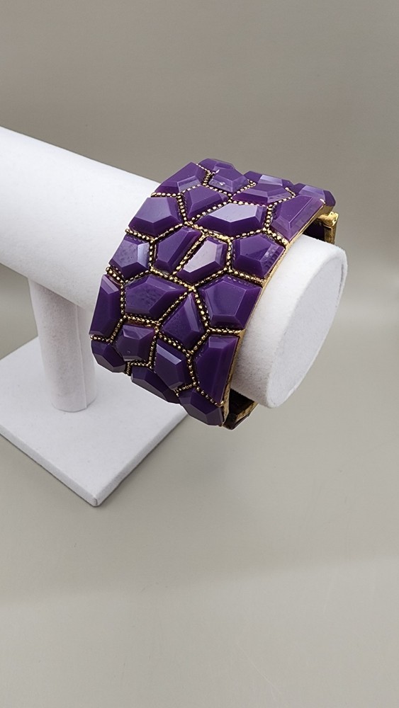 Vintage 1950s Purple Lucite Clamper Bracelet Heavy Gold Tone Mosaic Mod Cuff