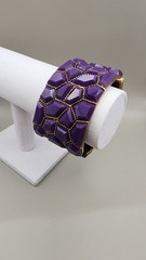 Vintage 1950s Purple Lucite Clamper Bracelet Heavy Gold Tone Mosaic Mod Cuff