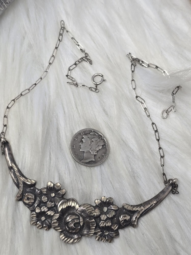Antique Sterling Silver Floral Rose Necklace 17″ Art Nouveau Art Deco Vintage