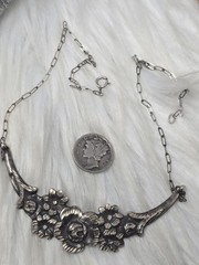 Antique Sterling Silver Floral Rose Necklace 17″ Art Nouveau Art Deco Vintage