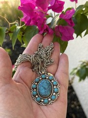 Vintage Bell Trading Nickel Silver Simulated Turquoise Pendant Necklace 29”