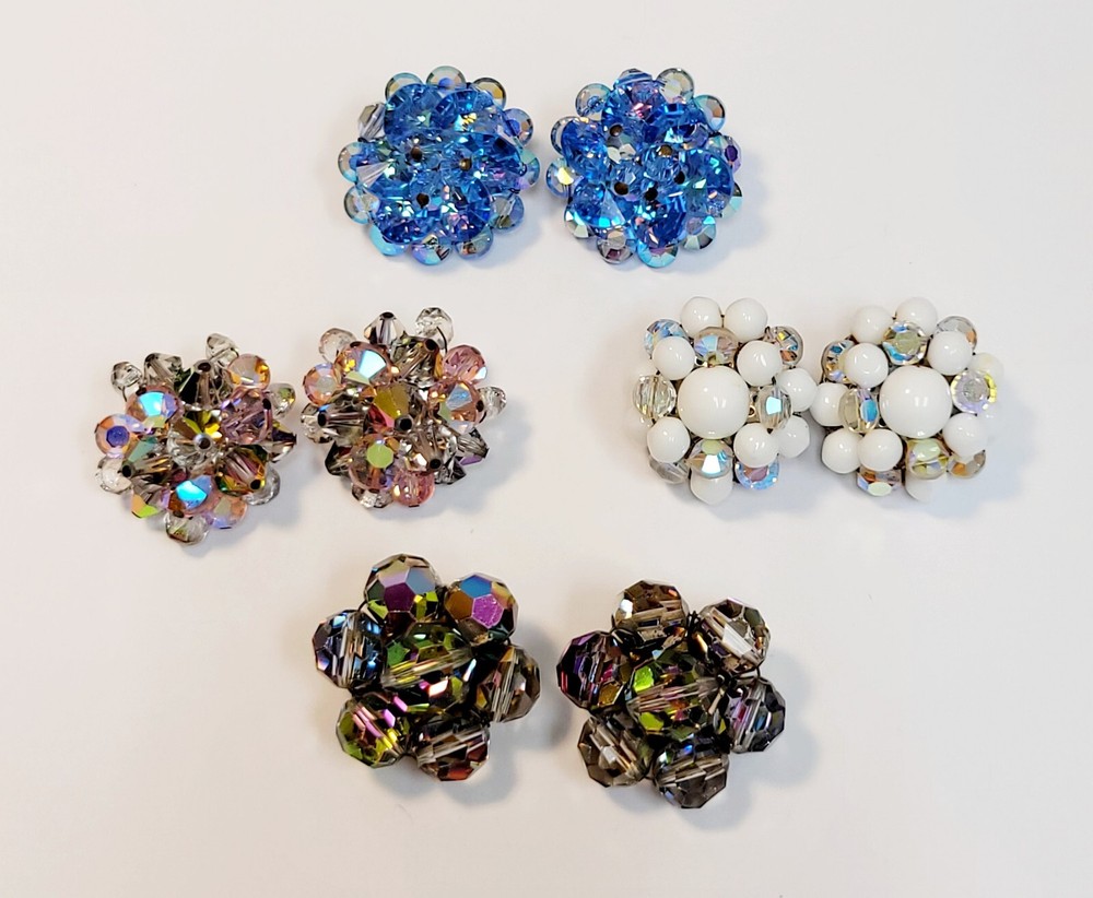 4 Vintage Crystal Glass Bead Cluster Earrings AB Blue White Pink