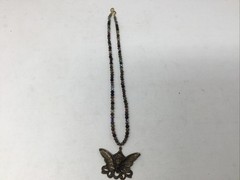 Boho Art Nouveau Goddess Butterfly Bronze Tone Beaded Necklace Jasper Hematite