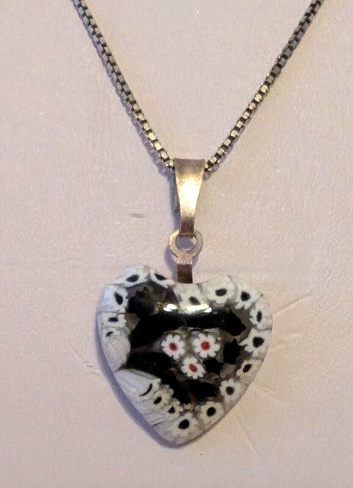 ITALIAN MILLEFIORI MOSAIC HEART PENDANT WITH 18″ STERLING SILVER 925 CHAIN