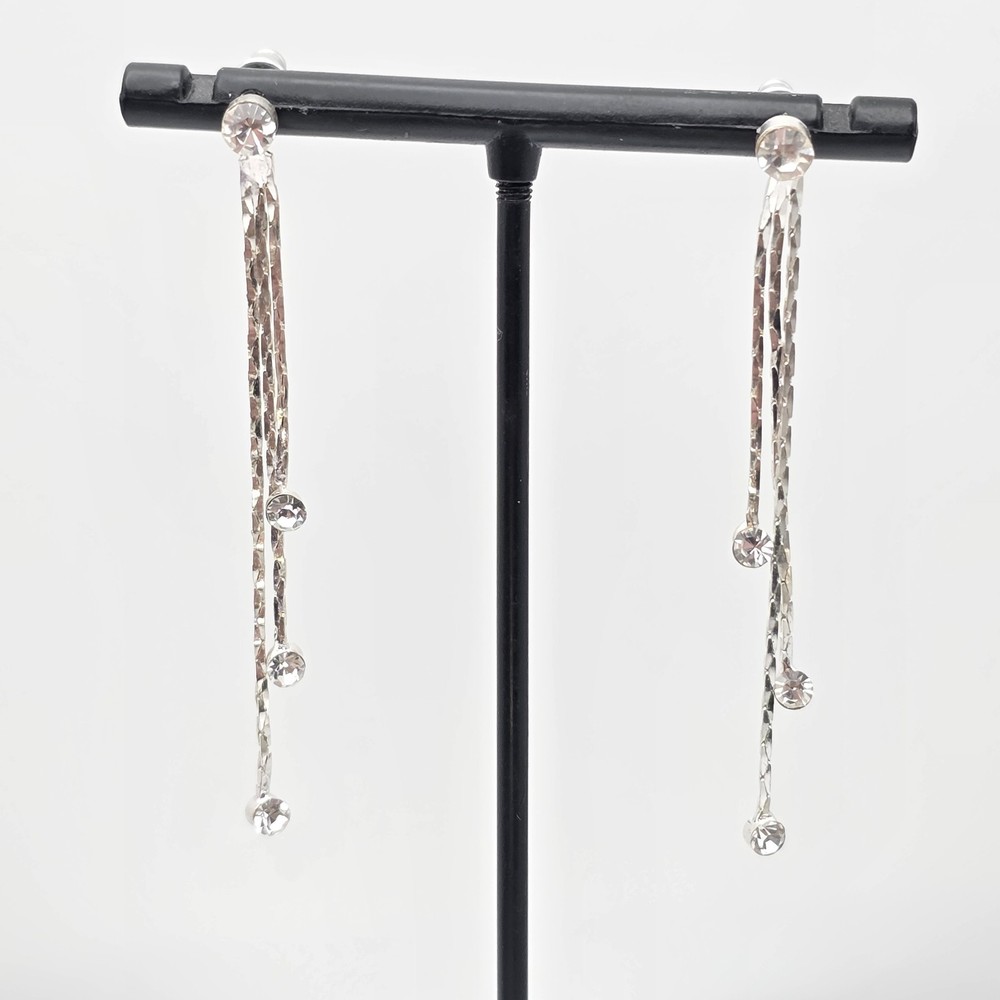 Vintage Sparkly Triple Strand Rhinestone Silver Plate Earrings FREE $HIPPING!
