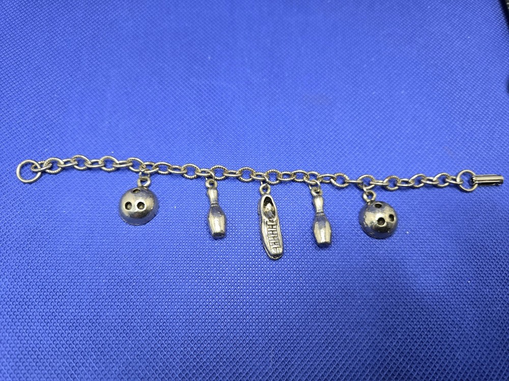 Vintage Bowling Charm Bracelet Silver Tone Retro Mid Century Sports Pins Ball