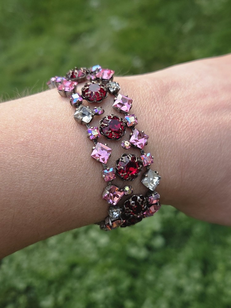 Vintage Attributed To Schreiner Pink Ruby Red Clear Crystal Triple Row Bracelet