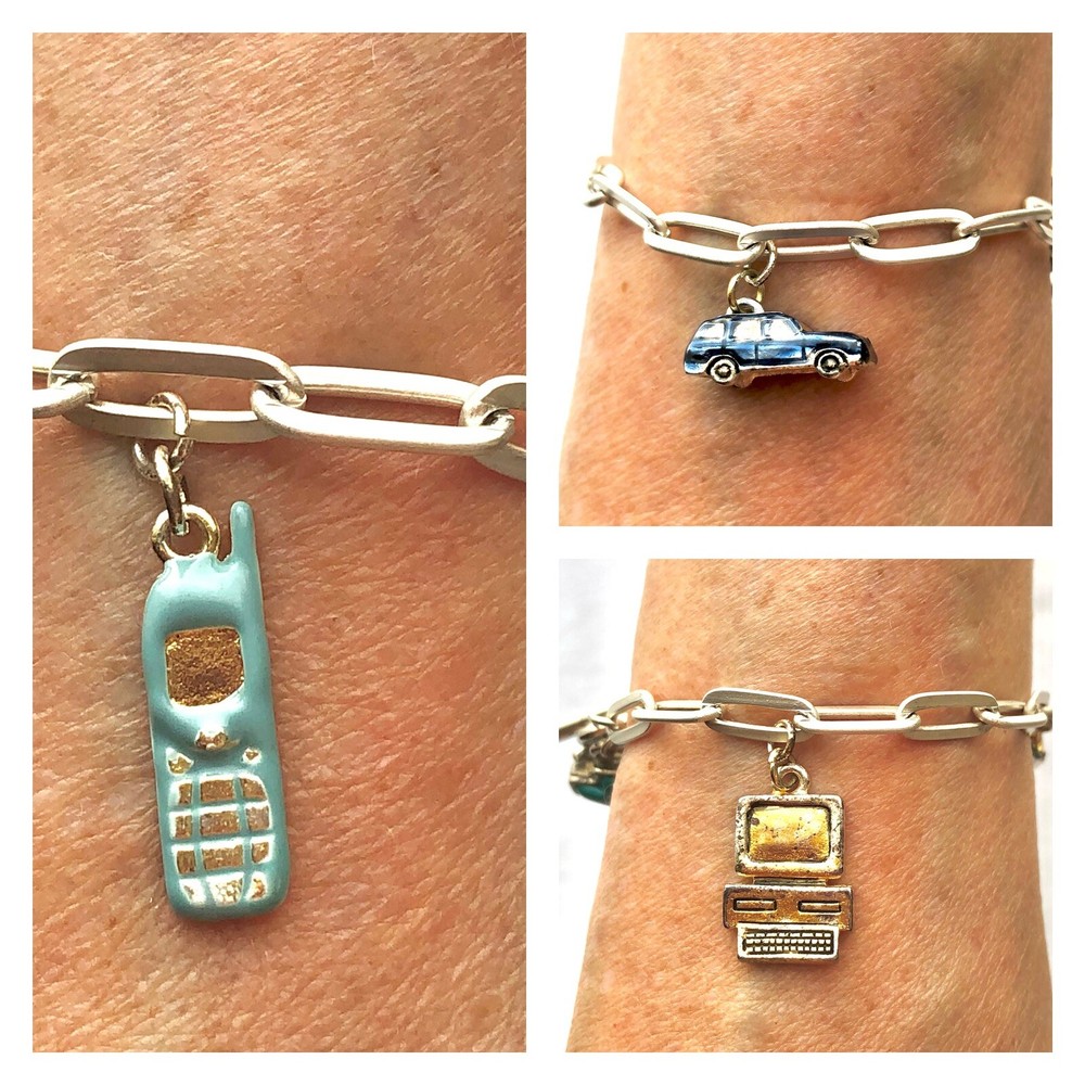 Charm Bracelet Cell Phone Computer Car IT Gift 80s 90s Whimsical Jewelry 7.5”