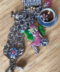RARE Kirk’s Folly Silver Tone Watch/bracelet Dangles Fairies Tea Pots Tea Cups