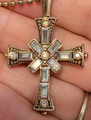 Vtg Juicy Couture Gold Tone Cross Pendant Necklace AB Rhinestone Baguette Crown