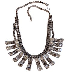 VTG Crystal Rhinestone Necklace choker Silver Clear Elegant Baguettes Bib 14.5″