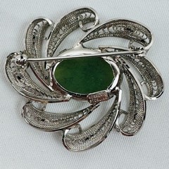 Vintage Sorrento Oval Jade Sterling Silver Brooch Pin Flower