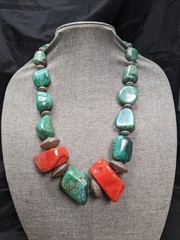 Large Vintage Sterling Silver Chunky Natural Turquoise & Coral 26in Necklace