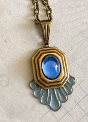 Vintage Necklace Art Deco Delicate Brass Pendant W/ Antique Blue Czech Glass
