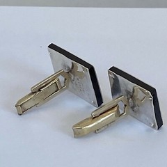 VTG Taxco Mexico Sterling Signed AAB Cuff Links Mid century Mod Aztec Black Onyx