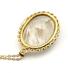 Gold Rutilated Quartz Pendant Necklace 12k Rolled Gold Chain 18.5 In