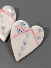 Vintage Artisan White Pink Blue Ceramic Heart Pierced Earrings Boho
