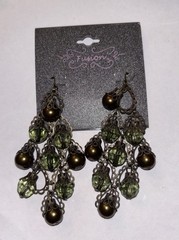 Retro Antiqued Bronze Tone Green Chandelier Dangle Earrings Glass Beads Filigree