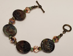 VTG Colorful Glass Beads Brass Toggle Bracelet Boho Art Glass Ammonite Fossils
