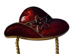 Red Hat Society Brooch Pin Eye Glasses Holder Gold Tone Chain VTG Enamel Shimmer