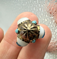 Vtg Victorian? Triple Evil Eye Blown Glass Gilted Brass Pendant Good Luck Amulet