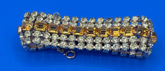 Vintage Amber Rhinestone Bracelet Gold Tone Triple Row Glows Green UV Reactive
