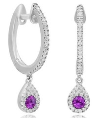 .34CT DIAMOND & AAA RUBY 14KT WHITE GOLD 3D TEAR DROP HUGGIE HANGING EARRINGS