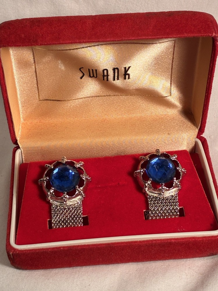 Swank Cufflinks Set Vintage With Blue Stones Comes In Original Box