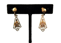 VTG Antique DECO PINK Cat’s Eye Glass Cabochon Filigree Drop Screw Back Earrings