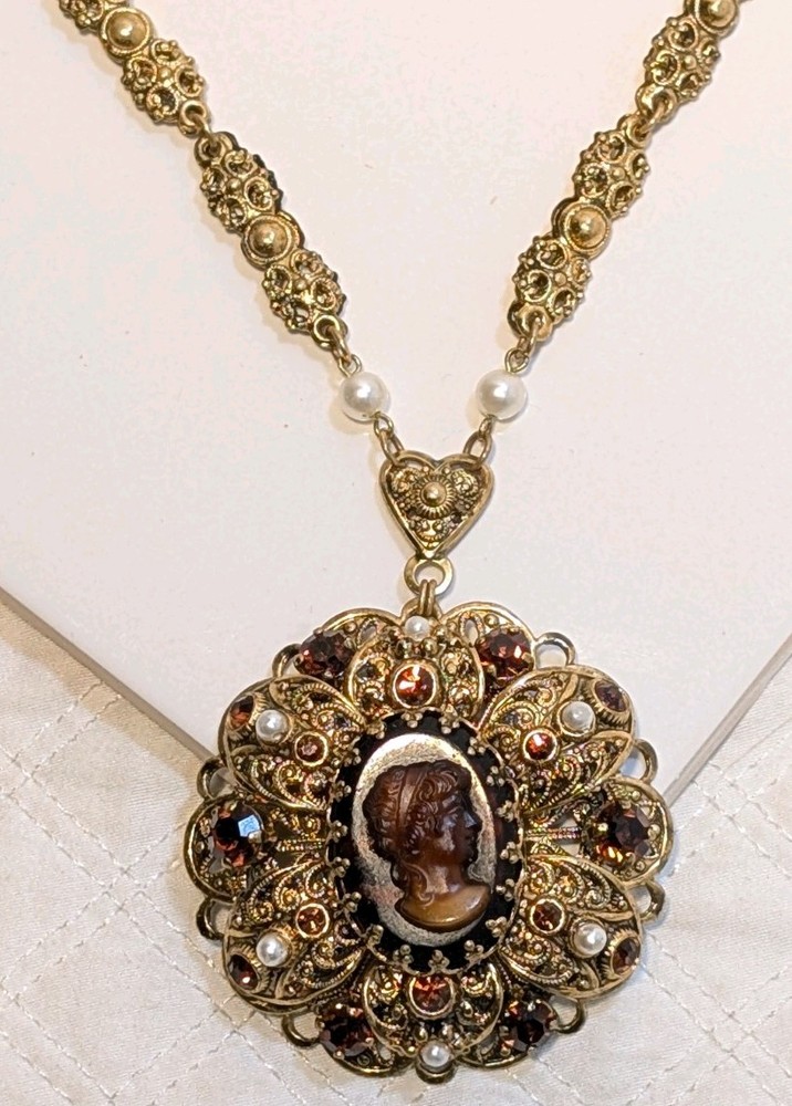 Vintage Victorian Revival Cameo Necklace Amber Rhinestones Filigree box clasp