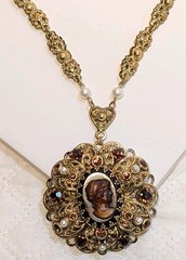 Vintage Victorian Revival Cameo Necklace Amber Rhinestones Filigree box clasp